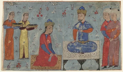 Fólio de um Shahnama (Livro dos Reis) de Firdawsi (d.1020); reto: Sindukht Antes de Sam, Irã (aquarela opaca, tinta e ouro no papel)