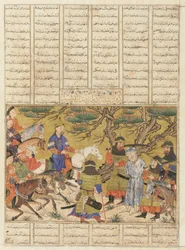 Fólio de um Shahnama (Livro dos Reis) de Firdawsi (d.1020); verso: Ardashir Captura Ardavan, Tabriz, Irã, período Il-Khanid, c.1330-40 (aquarela opaca, tinta e ouro sobre papel)