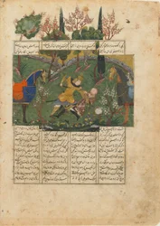 Fólio de um Shahnama (Livro dos Reis) de Firdawsi (d.1020); verso: Suhrab em combate com Rustam, Irã, c.1440 (aguarela opaca, tinta e ouro sobre papel)