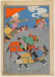 Fólio de um Shahnama (Livro dos Reis) de Firdawsi (m. 1020); recto: batalha entre Zanga e Awkhast; Gilan, Irã, período turcomano, 1493-1494 (aquarela opaca, tinta e ouro sobre papel)