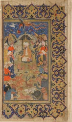 Folio de um Shahnama (Livro dos Reis) de Firdawsi; verso: Sulayman Entronizado, Shiraz, Fars, Irã, período safávida, c.1590-1600 (aquarela opaca, tinta e ouro sobre papel)