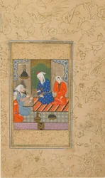 Folio de um Yusuf u Zulaykha por Jami (d. 1492); Zulaykha e um homem idoso ouvir uma conversa, possivelmente Mashhad, Irã, c.1560-70 (aquarela opaca, tinta e ouro no papel)