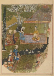 Folio de um Zafarnama; verso: Timur concede uma audiência na ocasião de sua ascensão ao trono em Balkh, Shiraz, Irã, período Timurid (aguarela opaca, tinta e ouro no papel)