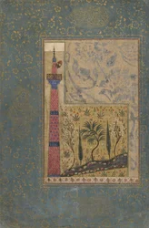Folio de uma antologia; Homem em cima de um minarete, Irã, 1417-18 (aquarela opaca e ouro sobre papel)