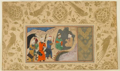 Fólio de um texto não identificado; Iskandar  Visita um Eremita, Irã, c.1500 (aguarela opaca, tinta e ouro sobre papel)