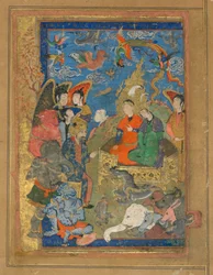 Fólio de um texto não identificado; Sulayman e Bilqis Entronizado, Isfahan, Irã, período Safávida, c.1590-1600 (aguarela opaca, tinta e ouro sobre papel)