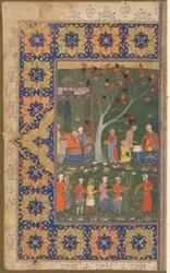 Fólio de um texto não identificado; recto: Uma festa num jardim, Shiraz, Irão, c.1570 (aguarela opaca, tinta e ouro sobre papel)
