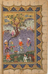 Fólio de um texto não identificado; verso: Um Príncipe sentado em cima de uma rocha cercada por assistentes, Isfahan, Irã, c.1600 (aguarela opaca, tinta e ouro sobre papel)