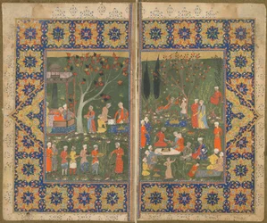 Fólio de um texto não identificado; verso: Uma festa em um jardim, Shiraz, Irã, c.1570 (aquarela opaca, tinta e ouro sobre papel)