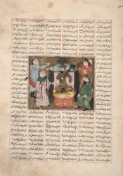 Gordiyeh aconselha seu irmão Bahram Chubineh a não aspirar ao trono persa, c.1330 (wc opaca, ouro e tinta no papel)