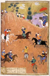 Gushtasp que joga o polo antes de César, ilustração do Shahnama (livro dos reis), por Abul-Qasim Manur Firdawsi (c.934-c.1020) c.1440-45 (pena, tinta & wc no velino)