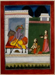Hinduísmo: "Krishna a descansar" Um próximo tapa os seus pés. Minatura persa da escola indiana do século XVII. Rennes, Museu de Belas Artes
