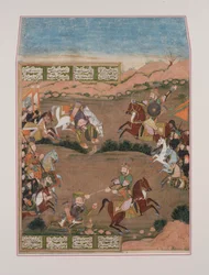 Kay-Khusrau atira em Qara Khan, do Shahnama (guache sobre papel, enfeite de ouro)