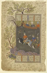 Kay Khusraw, Farangis e Giv atravessam o Jayhun de um Shahnama (Livro dos reis), c.1590-1600 (tinta, aguarela opaca e ouro sobre papel)