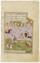 Khosrow e Shirin caçando leões, c.1580 (wc opaca no papel)