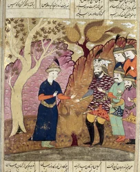 Cavaleiros que encontram o Kawus caído, ilustração do Shahnama (livro dos reis) por Abul-Qasim Manur Firdawsi (c.934-c.1020) 1619
