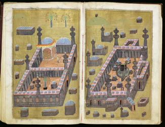 MS.343.f15v-16r As mesquitas de Medina e Meca, de "Razões para a caridade", de Mustafa Al-Shukri, 1160