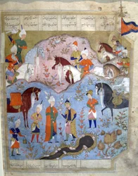 Encontro de Siyarvush e Afrasiyab do Firdosi Shahnam, 1565-66 (guache com folha de ouro sobre papel)