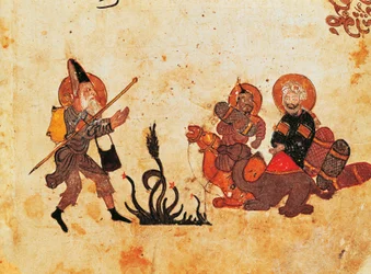 Sra. Ar 3929 f.69, Abu Zayd deixa al-Harith durante a Peregrinação ao norte do Iraque, de Al Maqamat, (Os Encontros), ilustrado por Hariri, segundo quartel do século XIII (guache sobre velino)