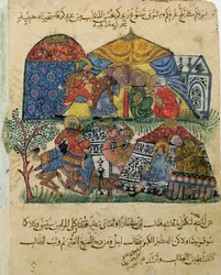 C-23 f.43b, Um homem idoso e um jovem diante das tendas dos ricos peregrinos, de &39;The Maqamat&39; (Os Encontros) de Al-Hariri (1054-1121) c.1240 (guache sobre velino) )