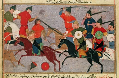 Ms Pers.113 f.49 Gengis Cã (cerca de 1162-1227) em batalha, de um livro de Rashid al-Din (1247-1318)