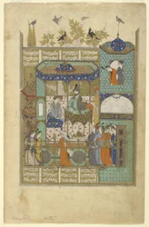 Nushirvan entrevista o intruso ao seu harém, c.1600
