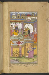 Ou.12076 f.13v Bhima chegando ao castelo de Dvaraka para convidar Krishna para a 