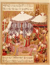 Or.1359 fol. 35 v. Sultan Bayazid Capturado por Timur, 1402 do Zafarnama 1533 (tinta em velino)