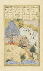 Persa 239 fol.135a Ruhh m ataca B zār, o feiticeiro, ilustração do Shahnama (Livro dos Reis), de Abul-Qasim Mansur Firdawsi (c.934-c.1020), 1444
