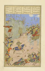 Persa 239 fol.155b Rustam arrasta o Kh q n do seu elefante, ilustração do Shahnama (Livro dos Reis), de Abul-Qasim Mansur Firdawsi (c.934-c.1020), 1444