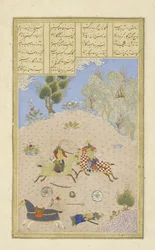 Persa 239 fol.206b Gustaham, tendo matado Farsh Dvard, despacha Lahh K, ilustração do Shahnama (Livro dos Reis), por Abul-Qasim Mansur Firdawsi (c.934-c.1020), 1444