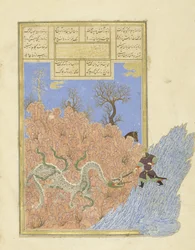 Persa 239 fol.250b Gusht Sp mata o dragão, ilustração do Shahnama (Livro dos Reis), por Abul-Qasim Mansur Firdawsi (c.934-c.1020), 1444