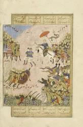 Persa 239 fol.269b Gusht sp em batalha com Asj sp em Balkh, ilustração do Shahnama (Livro dos Reis), por Abul-Qasim Mansur Firdawsi (c.934-c.1020), 1444