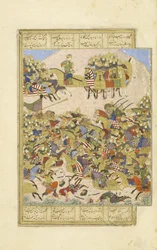 Persa 239 fol.270a Gusht sp em batalha com Asj sp em Balkh, ilustração do Shahnama (Livro dos Reis), por Abul-Qasim Mansur Firdawsi (c.934-c.1020), 1444