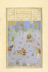 Persa 239 fol.67b Suhr b morto por Rustam, ilustração do Shahnama (Livro dos Reis), por Abul-Qasim Mansur Firdawsi (c.934-c.1020), 1444