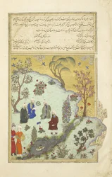 Persa 239 segue Firdausi encontra os poetas da corte de Ghazni, ilustração do Shahnama (Livro dos Reis), por Abul-Qasim Mansur Firdawsi (c.934-c.1020), 1444