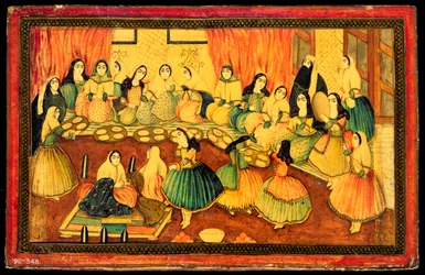 Partido social de senhoras persas, metade de uma capa de livro, Irã, século XIX (papier machê colorido com ouro e tinta)