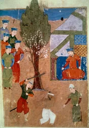 Representação de Chaghtai Khan (1227-1242) em seu trono, ele é o filho de Genghis Khan miniatura persa retirada de "Jami al-tawarikh" (Jami al-tawarikh) ou "História Universal" pelo historiador Rashid al-din (al din) (1247-1318) Por volta de 1430. Paris, B