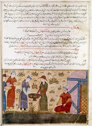 Representação de Genghis Khan (1162-1227) fazendo alianças. Miniatura persa tirada de "Jami al-tawarikh" (Jami al tawarikh) ou "História Universal" pelo historiador Rashid al-din (al din) (1247-1318) Por volta de 1430. Paris, B.N.