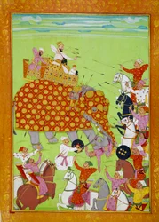Representação de Murad (Mourad) Baksh (1624-1661), filho do Imperador Mughal Shah Jehan (ou Shah Jehan, Shahjehan) lutando contra um elefante. Miniatura persa da Paris do século XVII, B.N.