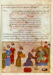 Representação de Ogodei Khan (1186-1241), ele é o filho de Genghis Khan. Miniatura persa tirada de "Jami al-tawarikh" (Jami al tawarikh) ou "História Universal" pelo historiador Rashid al-din (al din) (1247-1318) Por volta de 1430. Paris, B.N.