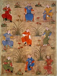 Representação dos sobrinhos de Genghis Khan miniatura persa tirada de "Jami al-tawarikh" (Jami al tawarikh) ou "História Mundial" pelo historiador Rashid al-din (al din) (1247-1318) Por volta de 1430. Paris, B.N.