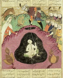 Rostam puxando Bijan da caverna, ilustração do Shahnama (Livro dos Reis) por Abul-Qasim Manur Firdawsi (c.934-c.1020) 1619