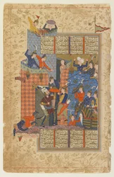 Rustam e seus homens atacam o palácio de Afrasiyab de um Shahnama