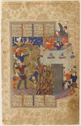 Rustam e seus homens atacam a fortaleza de Gang Dizh de um Shahnama