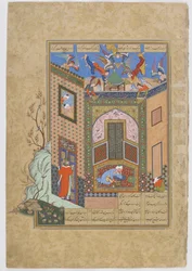O gnóstico tem uma visão de anjos carregando bandejas de luz para o poeta Sadi, folio de um Haft awrang (Sete tronos) de Jami (d.1492), provavelmente Mashhad, Khurasan, Irã, dinastia Safávida, 1556-1565 (tinta,