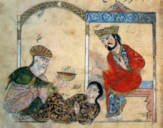O médico ignorante e a filha do rei. Miniatura de "Kalila wa Dimna (Kalila e Dimna)" (Folio 78), Fábula Oriental 1200-1220? . Traduzido por Ibn al-Mukaffa 