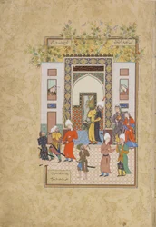 A pequena testemunha testemunha da inocência de Yusuf, folio de um Haft awrang (Sete tronos) de Jami (d.1492), provavelmente Mashhad, Khurasan, Irã, dinastia Safávida, 1556-1565 (tinta, aquarela opaca e gol