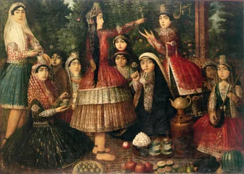 Mulheres e crianças em um jardim do século XIX