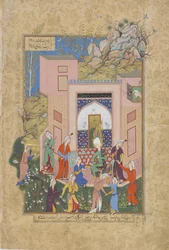 Yusuf prega para Zulaykhas donzelas em seu jardim, folio de um Haft awrang (Sete tronos) por Jami (d.1492), provavelmente Mashad, Khurasan, Irã, dinastia Safávida, 1556-1565 (tinta, aquarela opaca e ir